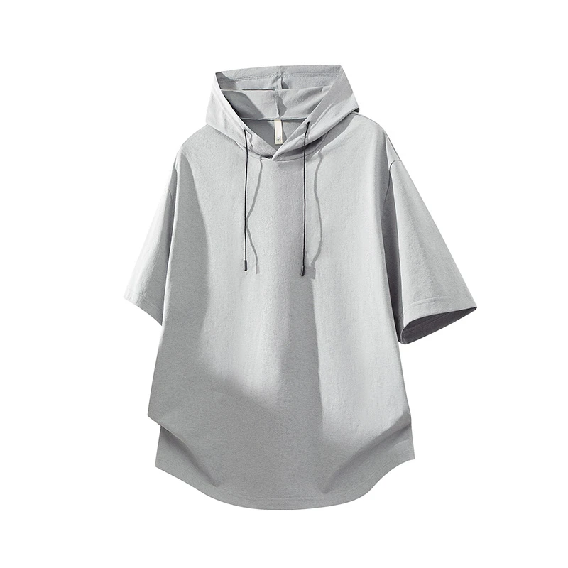 夏季新款连帽短袖潮流宽松垂感男士五分袖净版纯色百搭五分袖上衣