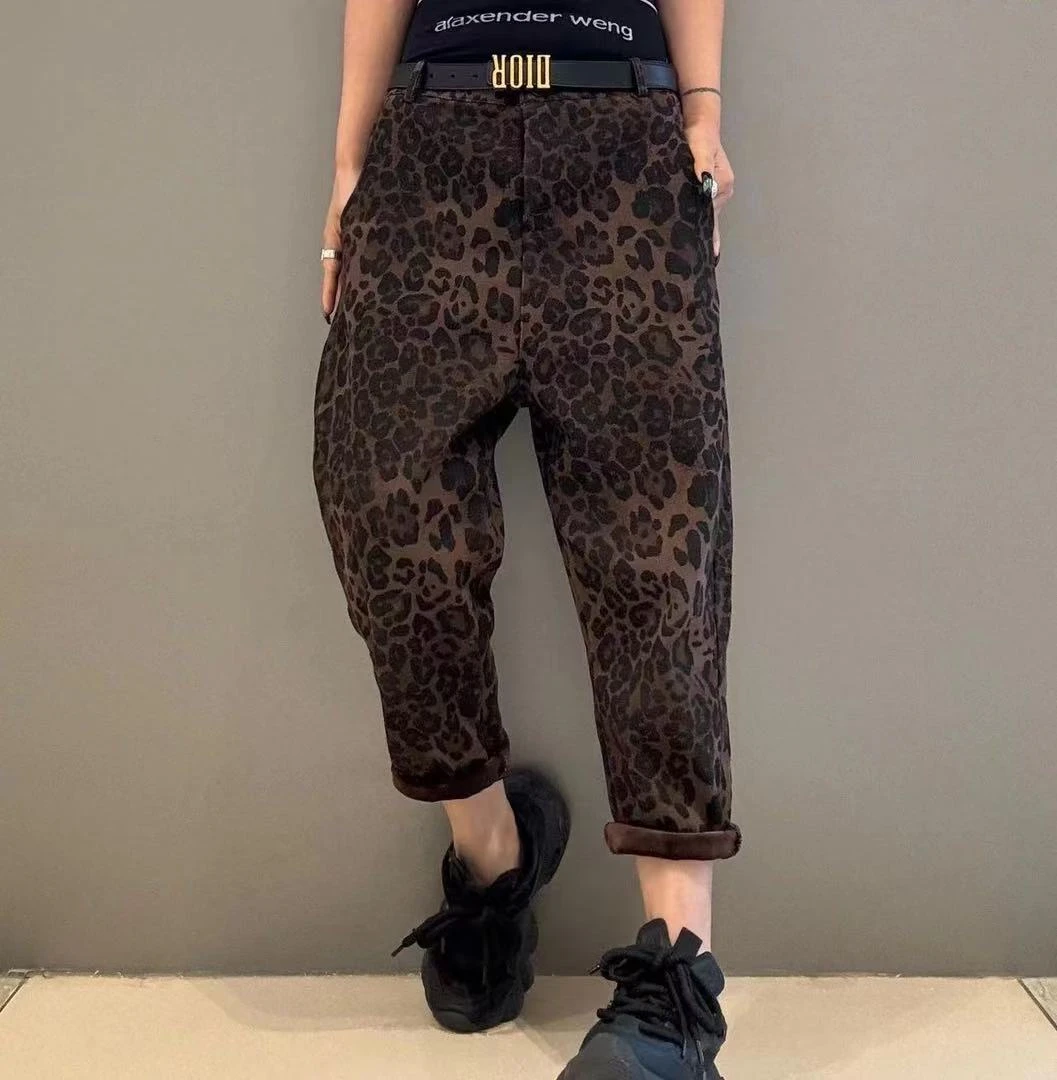 YY欧货潮牌冬款加绒豹纹裤2858