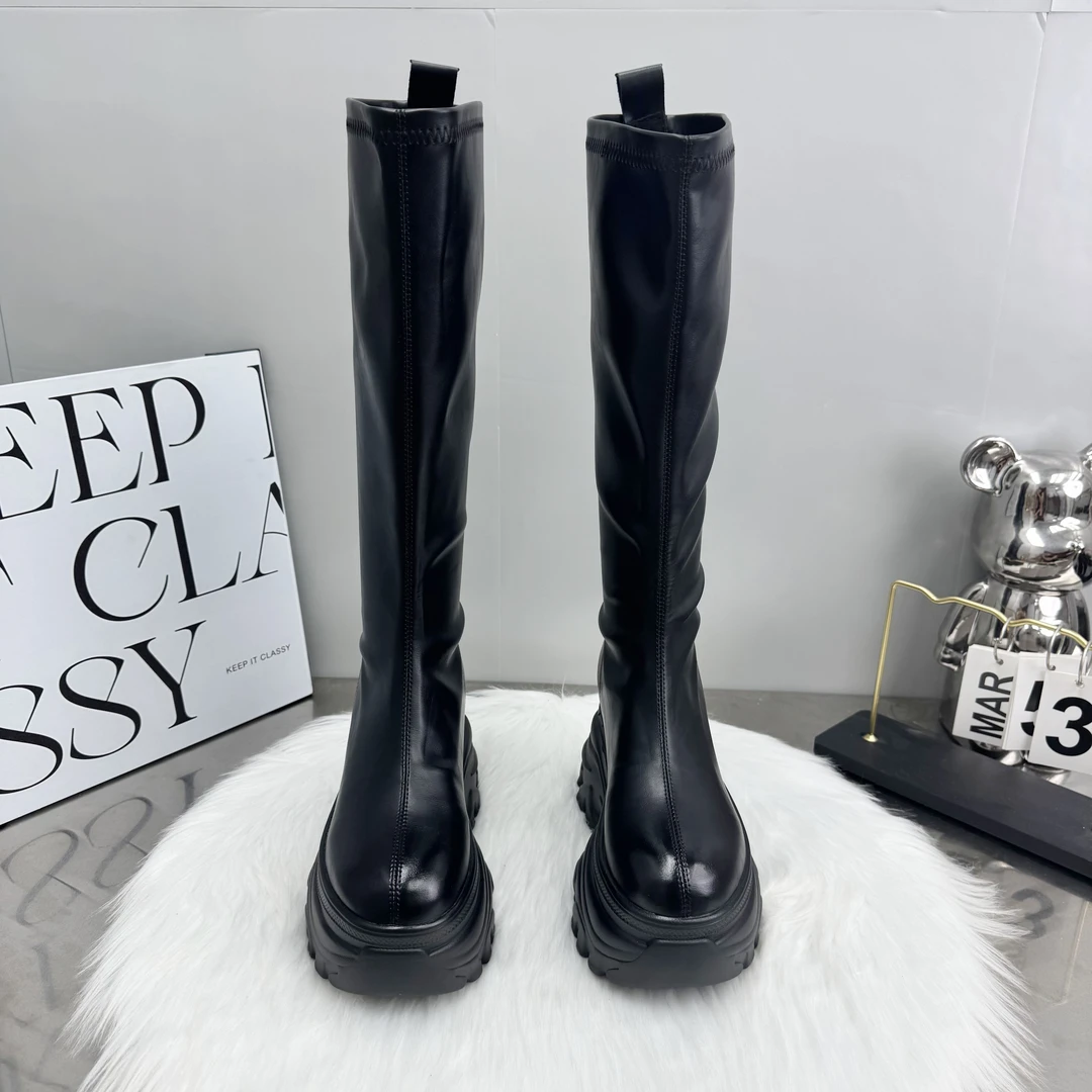 超轻软底增高10CM修身平口女靴秋冬款后拉链骑士靴休闲不过膝长靴