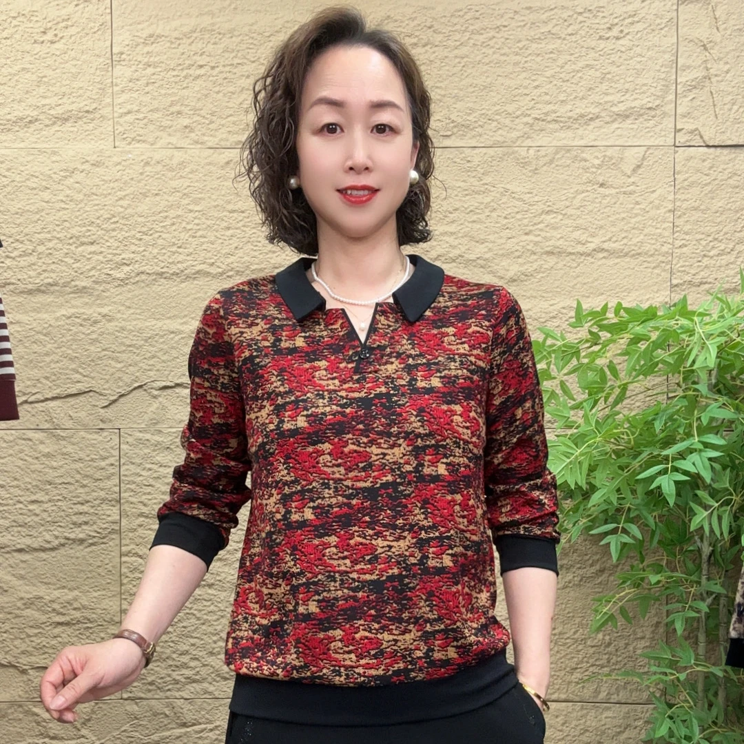 妈妈装秋装纽扣碎花长袖宽松半开领T恤洋气时尚气质翻领显瘦上衣