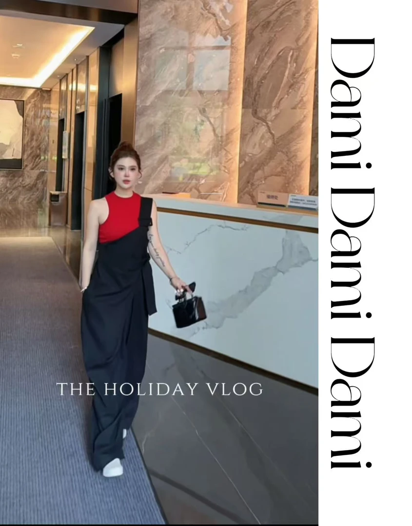 Dami韩系穿搭黑色不对称斜肩叠穿背带裤女夏宽松休闲窄版阔腿裤