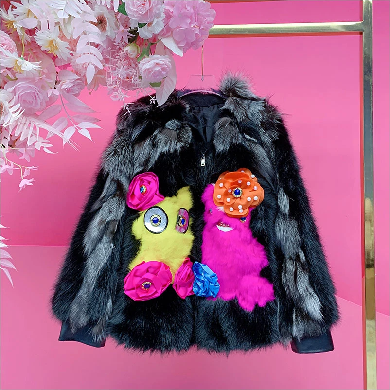 QD1813欧美设计师2025冬季新款重工钉珠立体花兔毛卡通狐狸毛外套