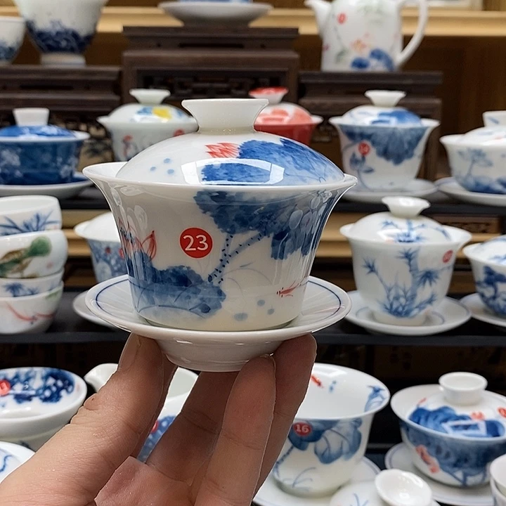 手绘微瑕荷花盖碗
