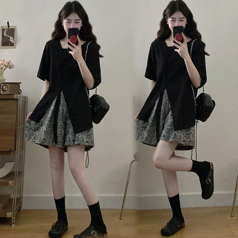 大码女装夏装新款穿搭时尚不规则宽松遮肉开叉T恤上衣显瘦短裤