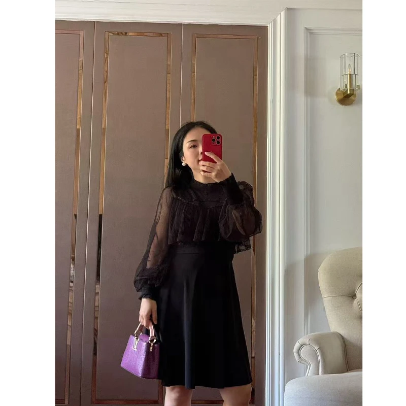 【若衣】夜夜笙歌·优雅木耳边领口雪纺袖子拼针织连衣裙250029