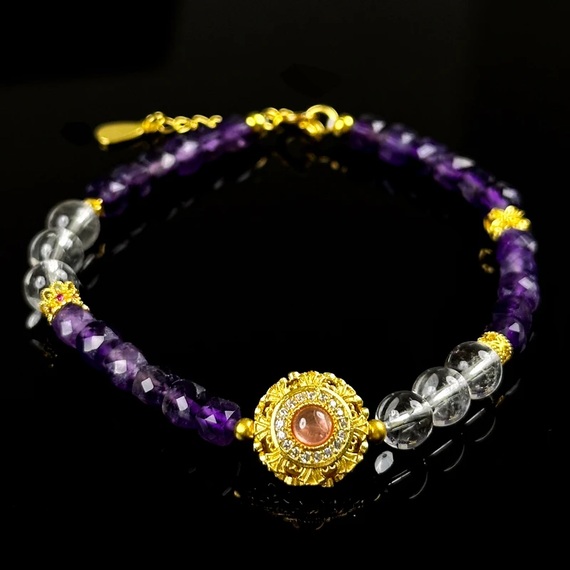 天然紫水晶白水晶手串红纹钻石设计手链 YF1010