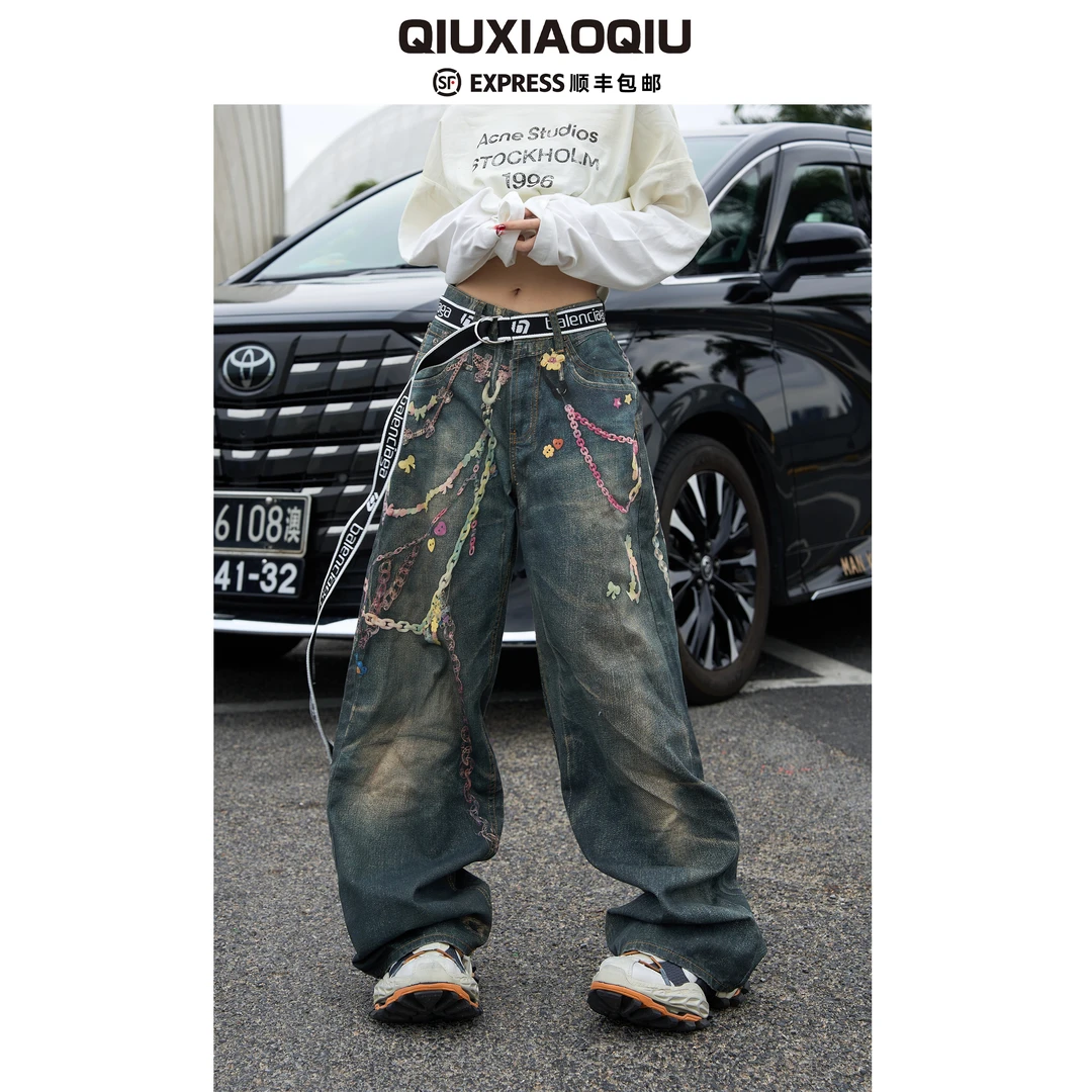 【Qiuxiaoqiu】AC1981M糖果链条3D印花宽松直筒美式休闲复古牛仔裤