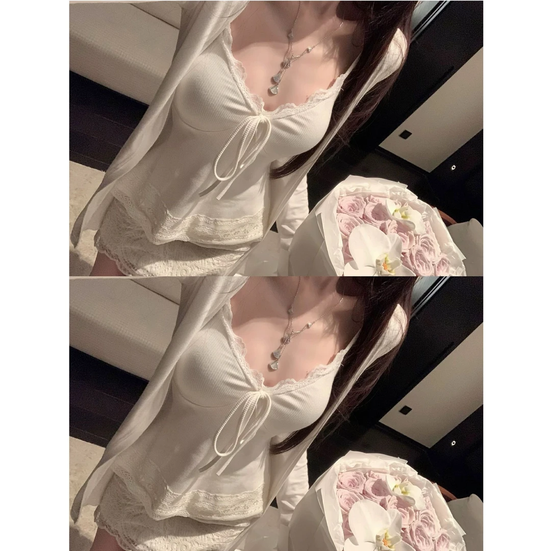 柔欲白开水*原创纯欲气质蕾丝花边收腰百搭内搭吊带套装女