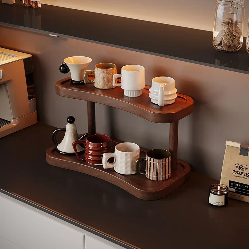 桌面茶杯收纳置物架小型博古架实木新中式紫砂壶摆件架茶具展示架