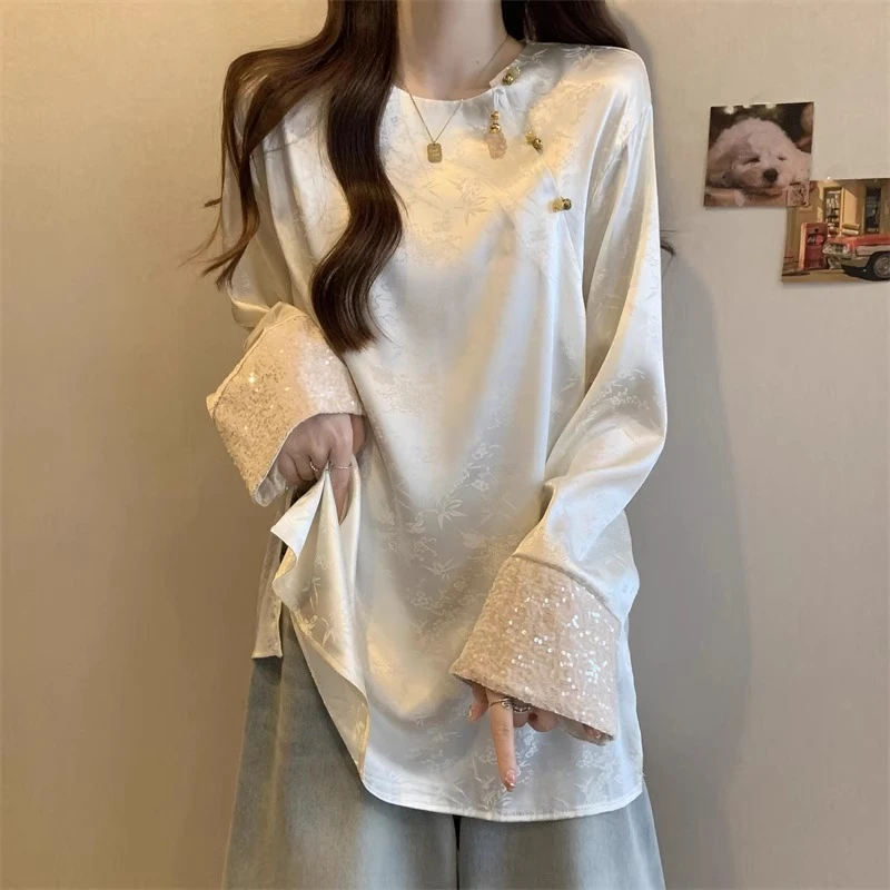 新中式国风醋酸提花缎面衬衫女春秋季大码胖mm唐装中长款百搭上衣