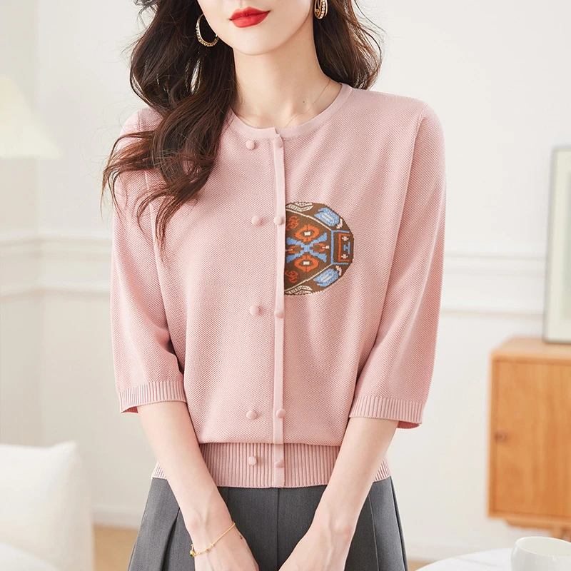 天丝针织衫中袖上衣七分袖t恤春夏高端妈妈春装2025新款中年女装