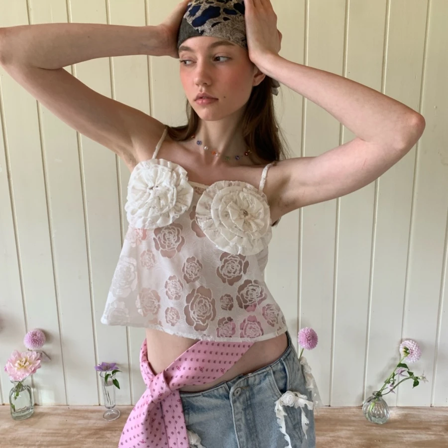 制造后花园*unwind系列独立设计师玫瑰烧花面料立体盘花A字小吊带