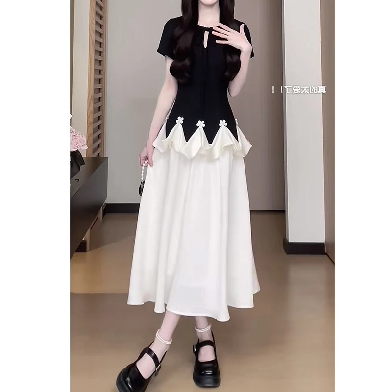 HANAN松本丧丧纯欲小黑裙撞色花苞裙收腰A字裙短袖连衣裙