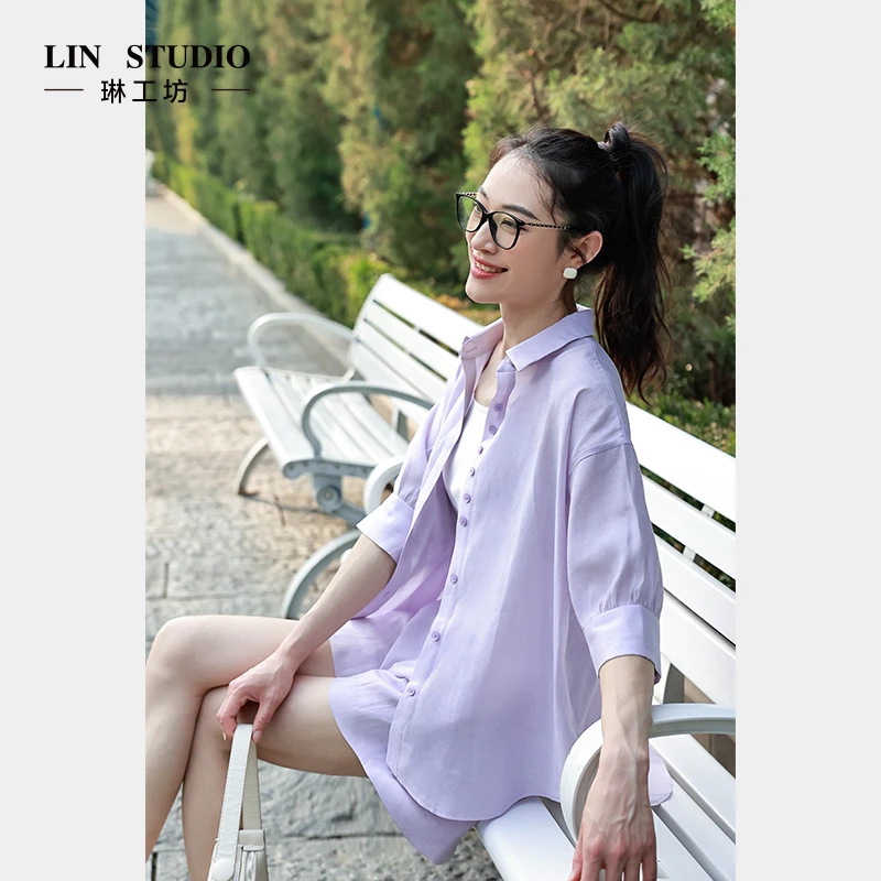 【衬衫 醋酸+莱赛尔】琳工坊“萧艾”紫色衬衫气质休闲宽松唐琳设计师