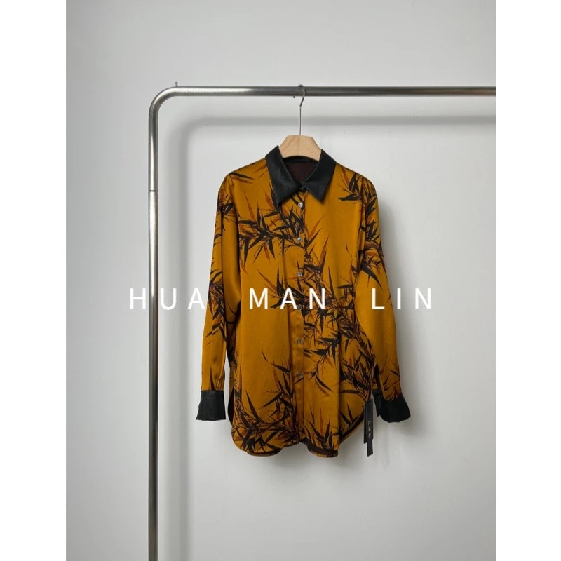 【花滿林】“金竹”50姆米桑蚕丝香云纱翻领前短后长阔版衬衫上衣7701