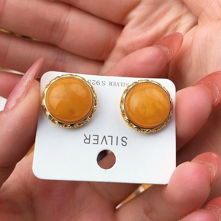 蜜蜡耳饰银S925镶嵌耳饰