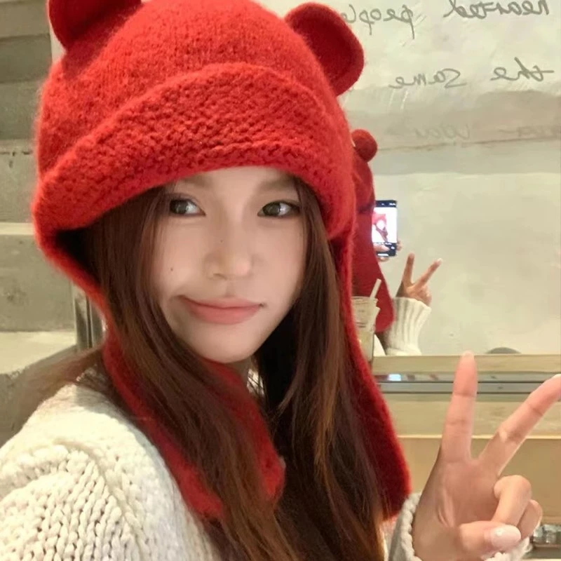 可爱小熊耳朵护耳冷帽女秋冬季针织帽保暖雷锋帽包头大头围毛线帽