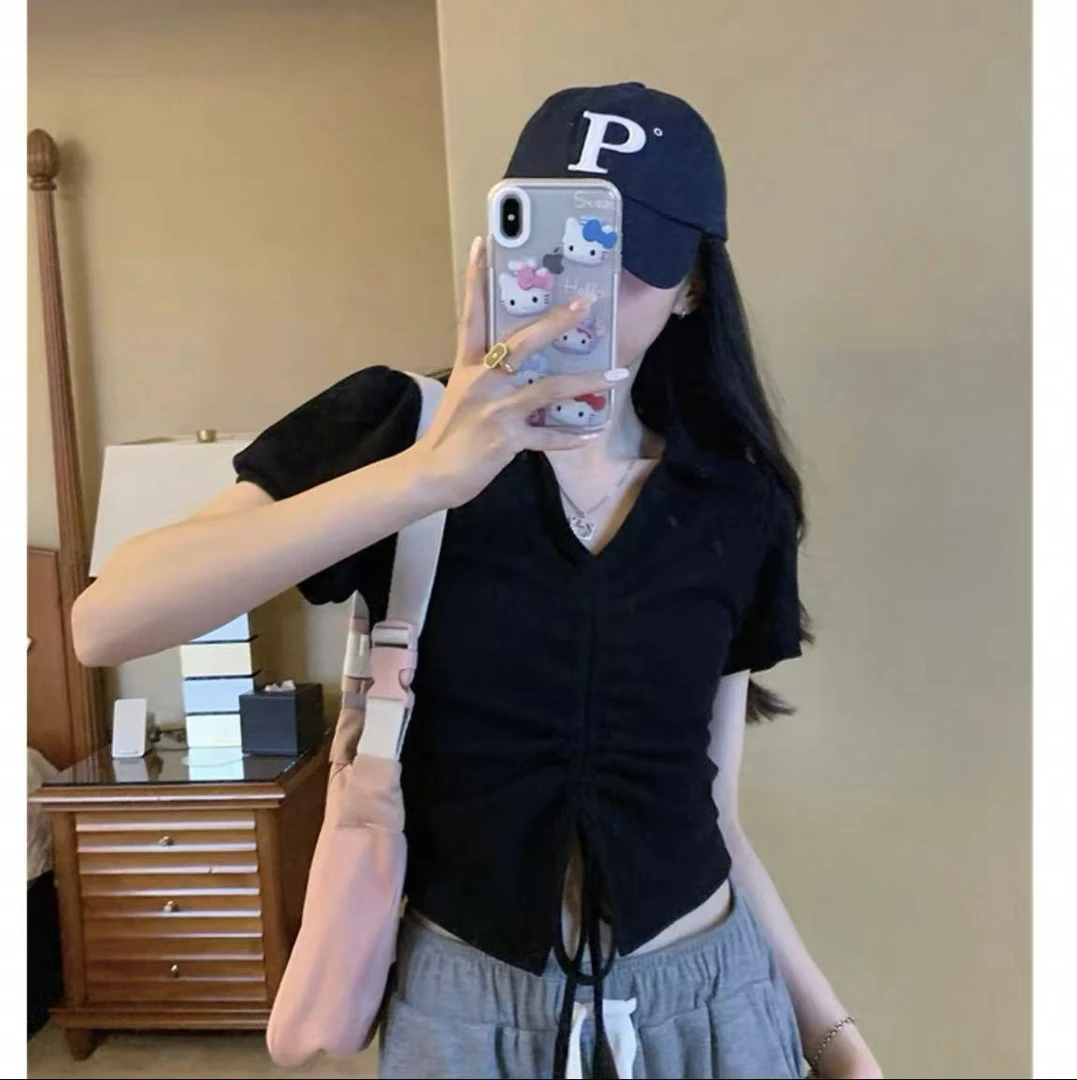 13051夏季新款纯欲风甜辣妹V领抽绳设计感简约百搭短袖上衣T恤