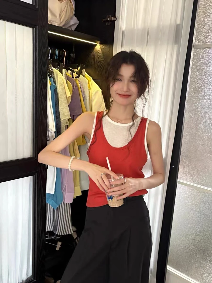 85033 韩系百搭修身显瘦假两件撞色背心（衣长54）