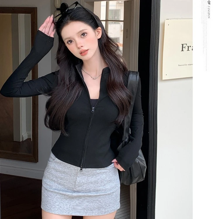 双拉链收腰开衫外套女小立领2025年春小个子春秋气小香风收腰马甲