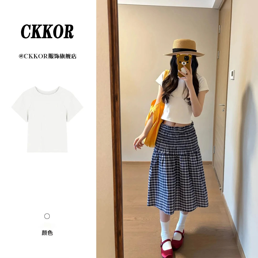 CKKOR美式时尚潮牌纯色短袖t恤女夏季新款修身款辣妹正肩短款上衣