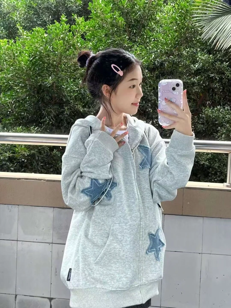 美式复古贴布星星开衫设计连帽卫衣女ins宽松百搭超火拉链外套026