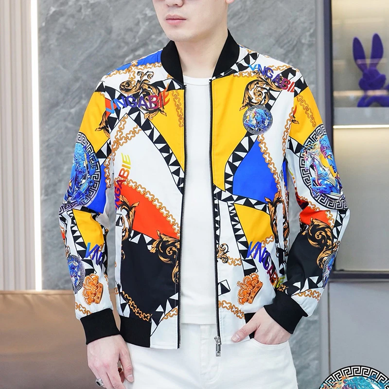欧洲站男士春季印花帅气夹克潮流修身棒球领时尚百搭休闲薄款外套
