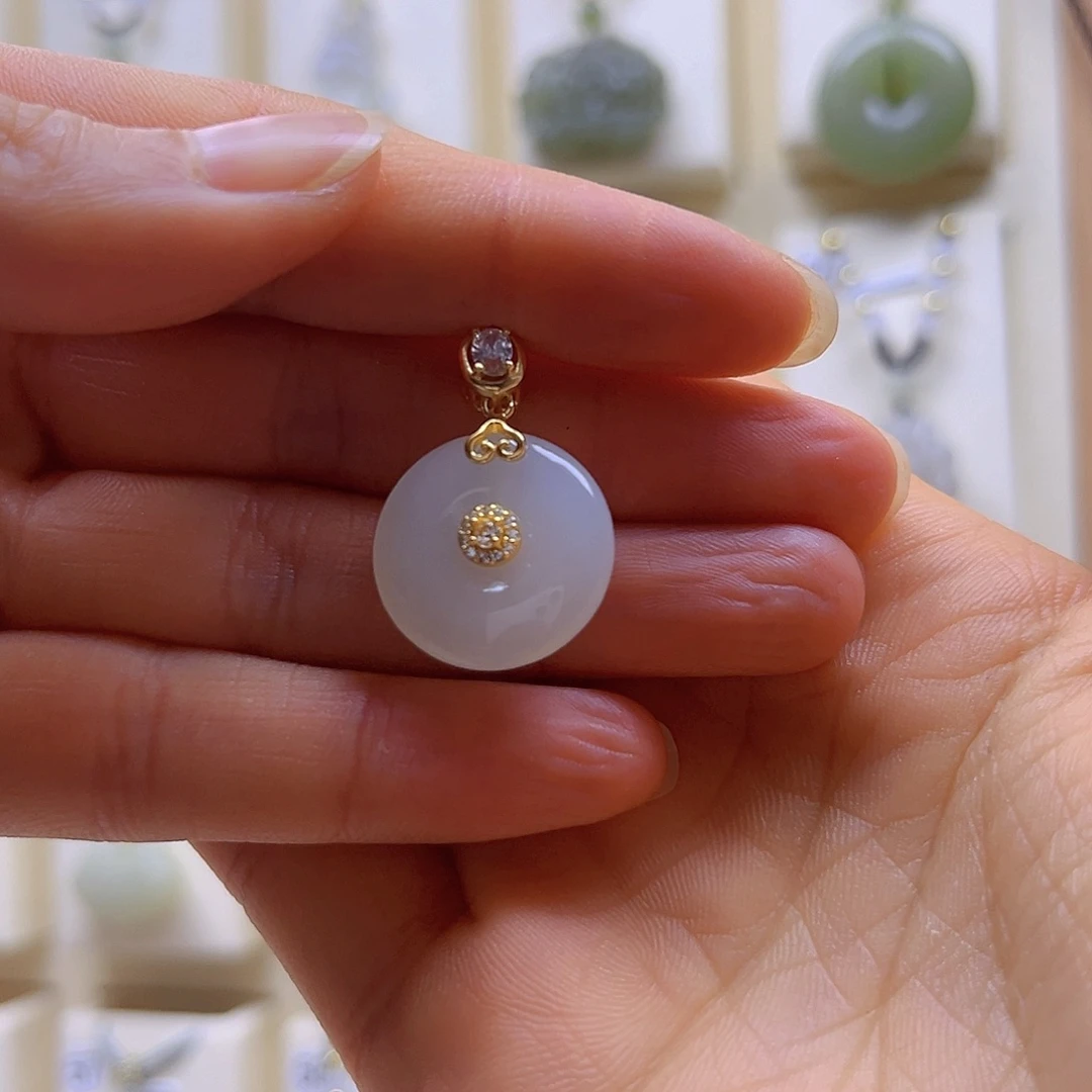 和田玉吊坠(赠链)银S925镀金镶嵌