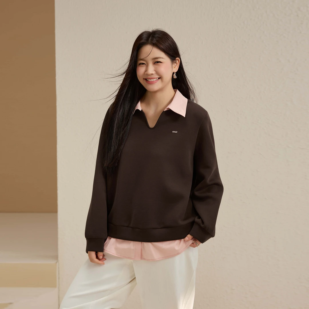 【潮流百搭假两件卫衣】纤莉秀大码女装时尚设计感撞色翻领QK3607