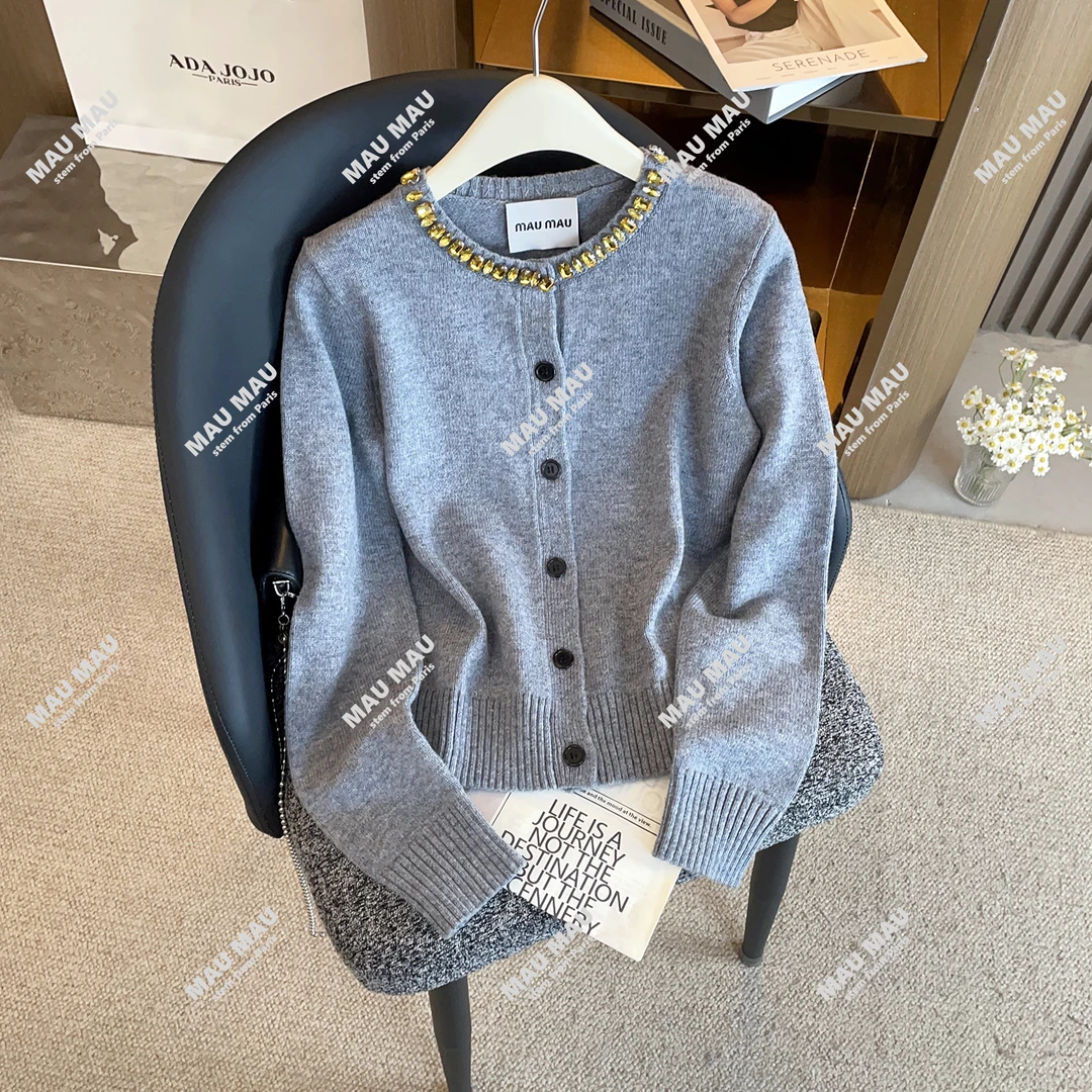 钻链圆领针织开衫女秋冬新款百搭毛衣外套DY9686