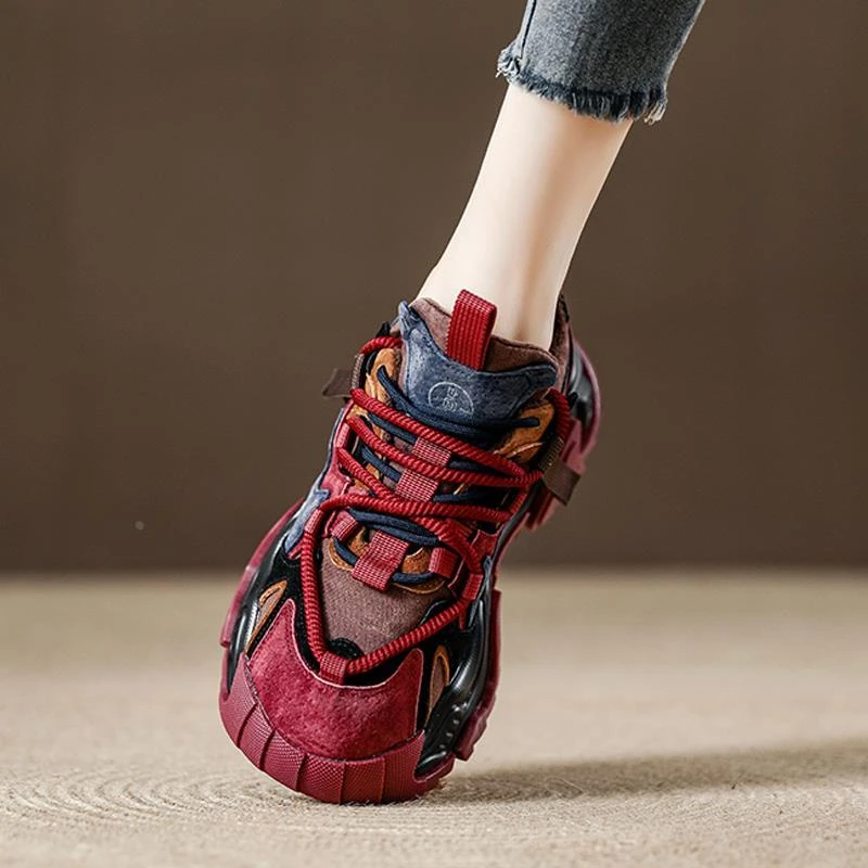 美拉德明星同款小众气质红色运动鞋厚底轻便老爹鞋牛皮美式鞋子