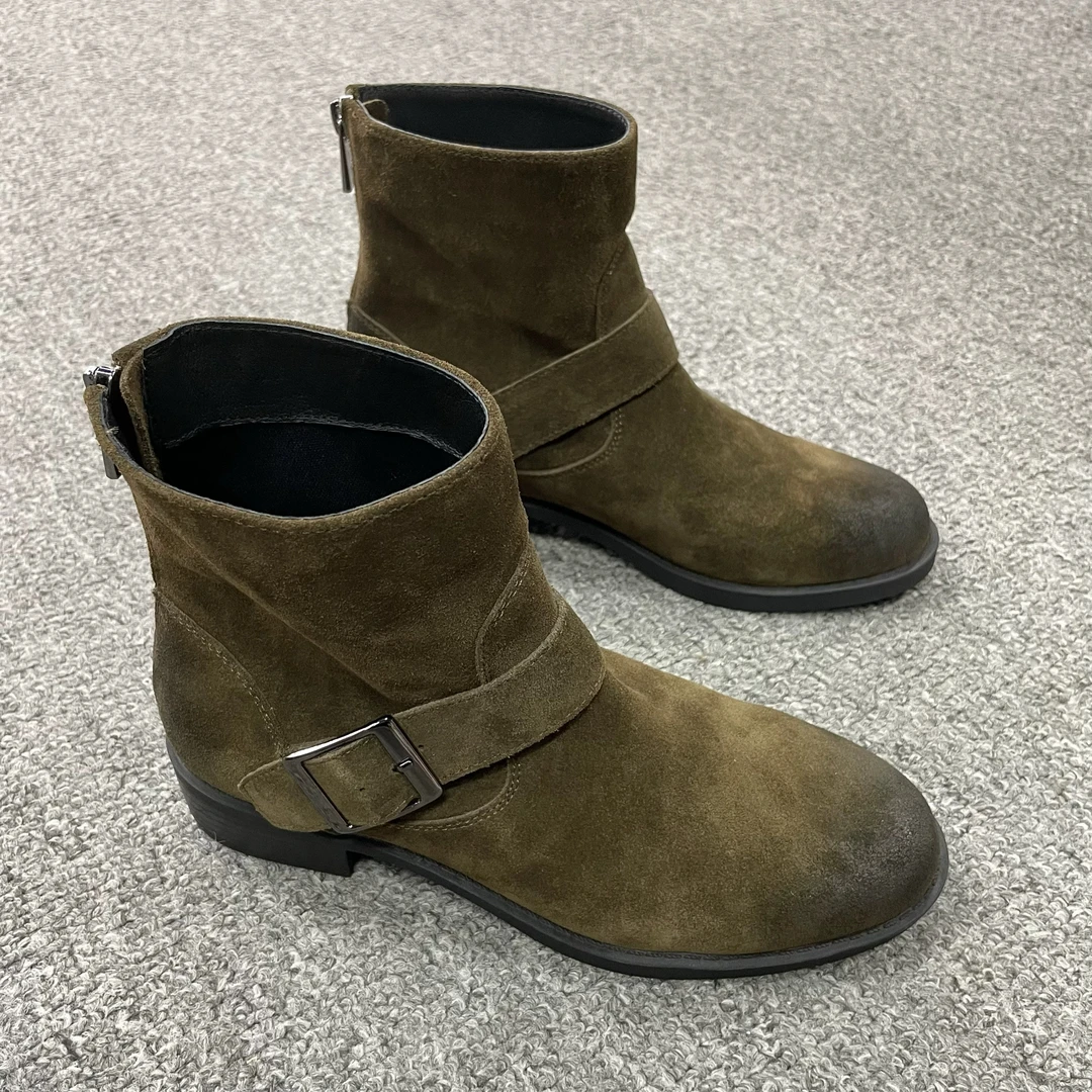 GershonBram “女郎” 系列皮带扣装饰高丝光牛反绒休闲低跟西部靴