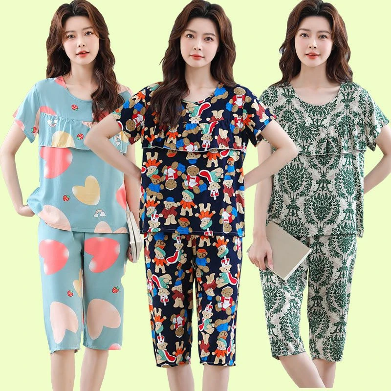 棉绸睡衣女款2025新款夏季薄款短袖七分裤套装可外穿防凸点家居服