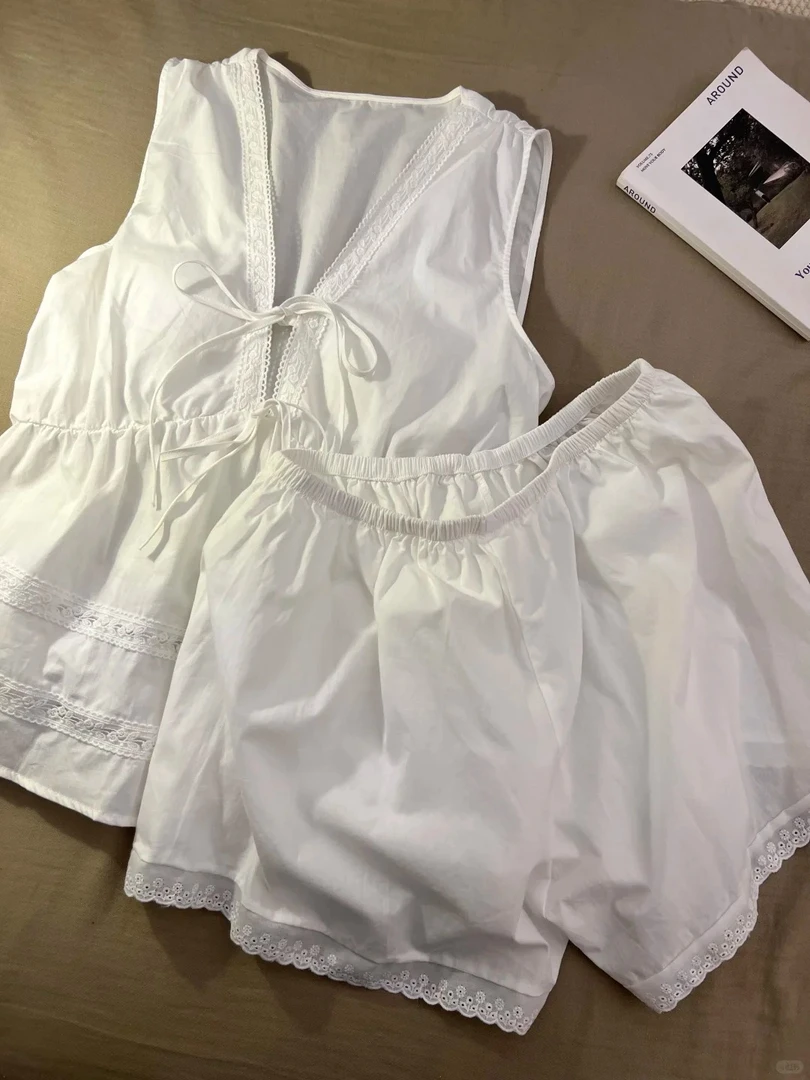 气质简约V领蕾丝高级感无袖睡衣女款夏季大码背心短裤套装家居服