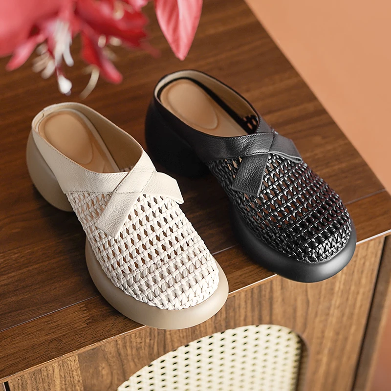 5cm/法式粗跟厚底拖鞋女春夏新款轻盈防水台编制镂空蝴蝶结半拖鞋