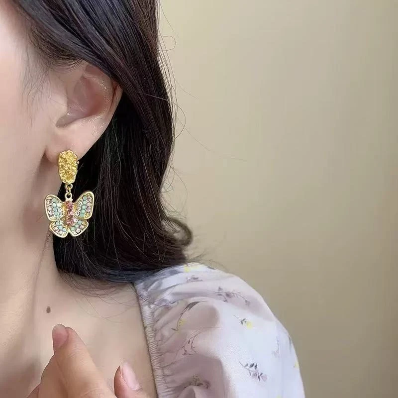 铜合金耳饰 【8505】法式复古彩色蝴蝶耳坠耳钉时尚气质高级