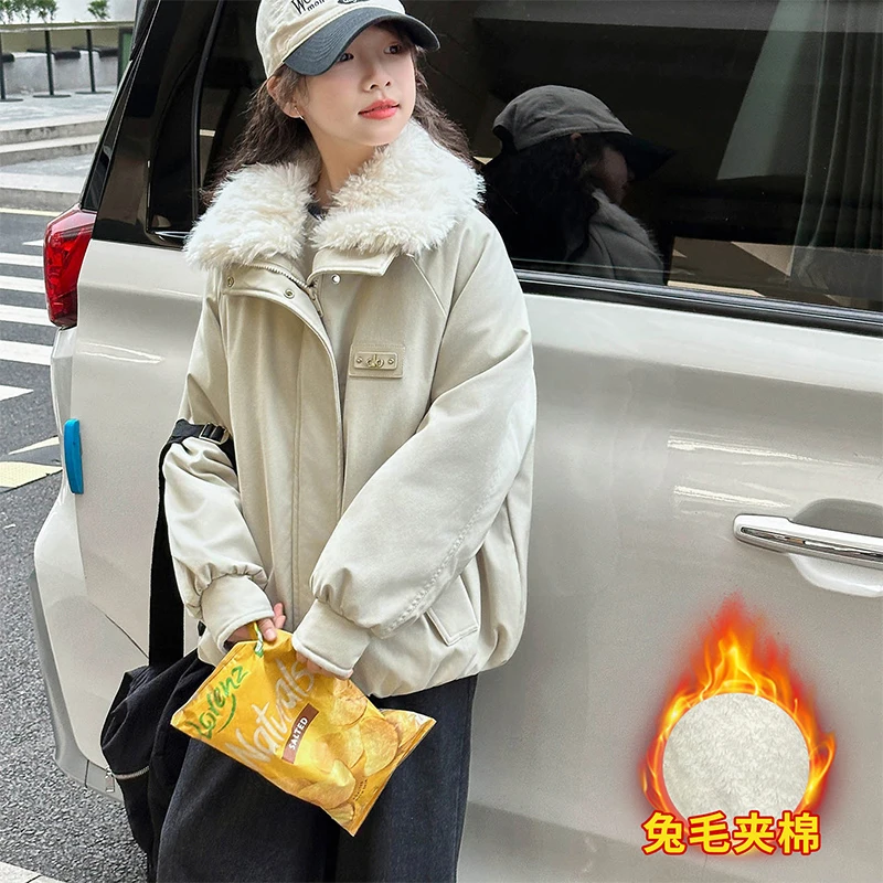 女童夹棉加绒派克服2025新款洋气儿童冬季加厚女孩中大童翻领棉服