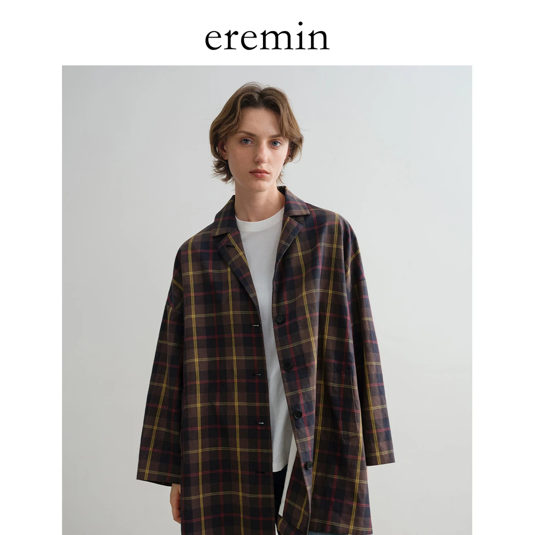 DE Mincollection红棕格外套/复古廓形小众格纹中长款外套55727