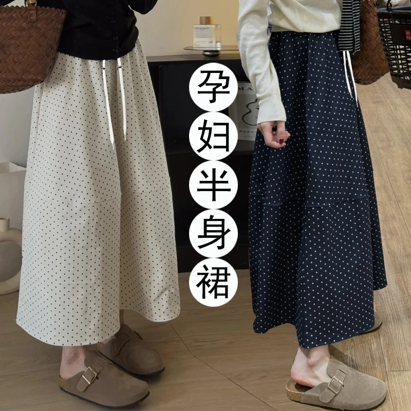 孕妇波点半身裙2025夏季新款高腰遮胯百搭中长款裙子拼接A字裙女