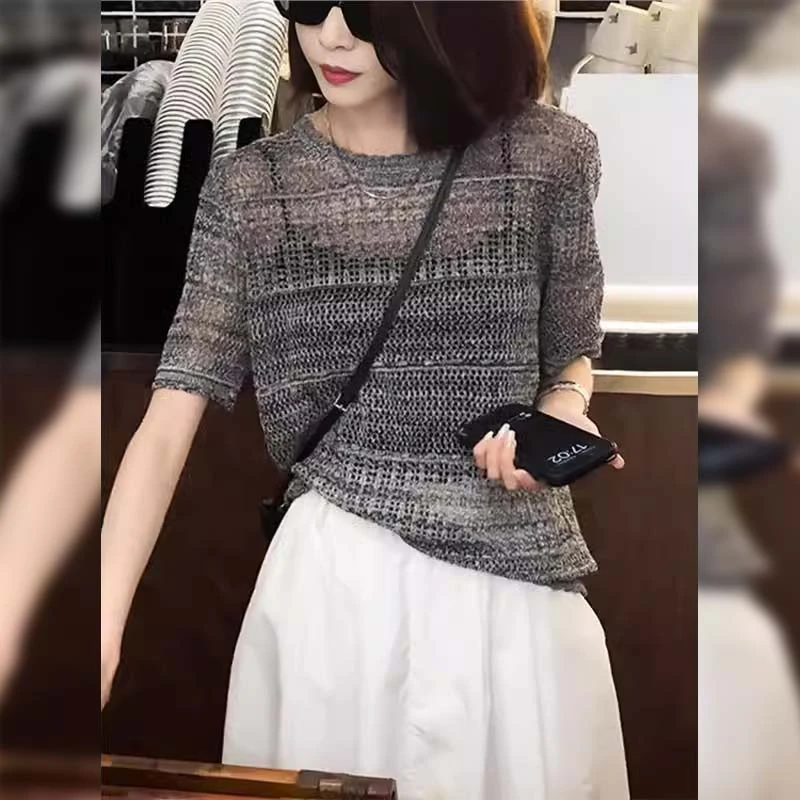 2025夏季新款女士冰丝镂空短袖针织衫宽松小个子休闲洋气薄款上衣