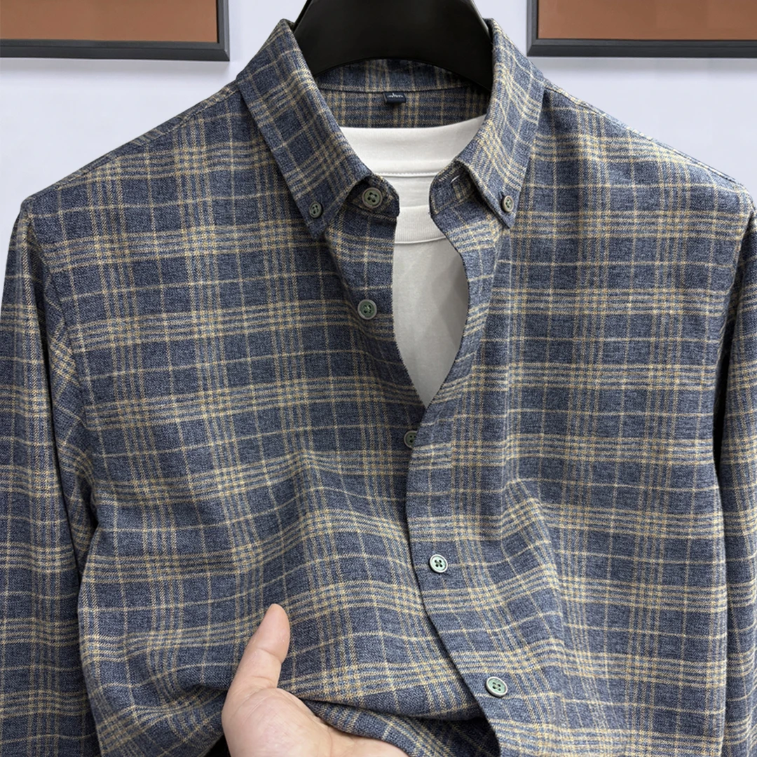 Zero Degree North高档纯棉磨毛长袖格子衬衫男士春秋季休闲衬衣