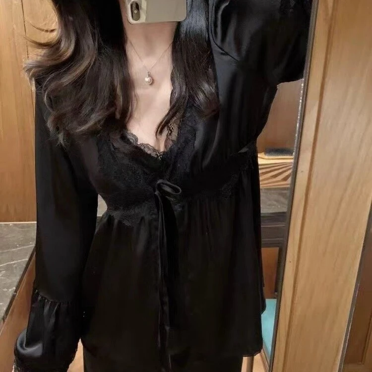 【浪漫恋人】许妍同款高级感法式带胸垫三件套睡衣冰丝套装