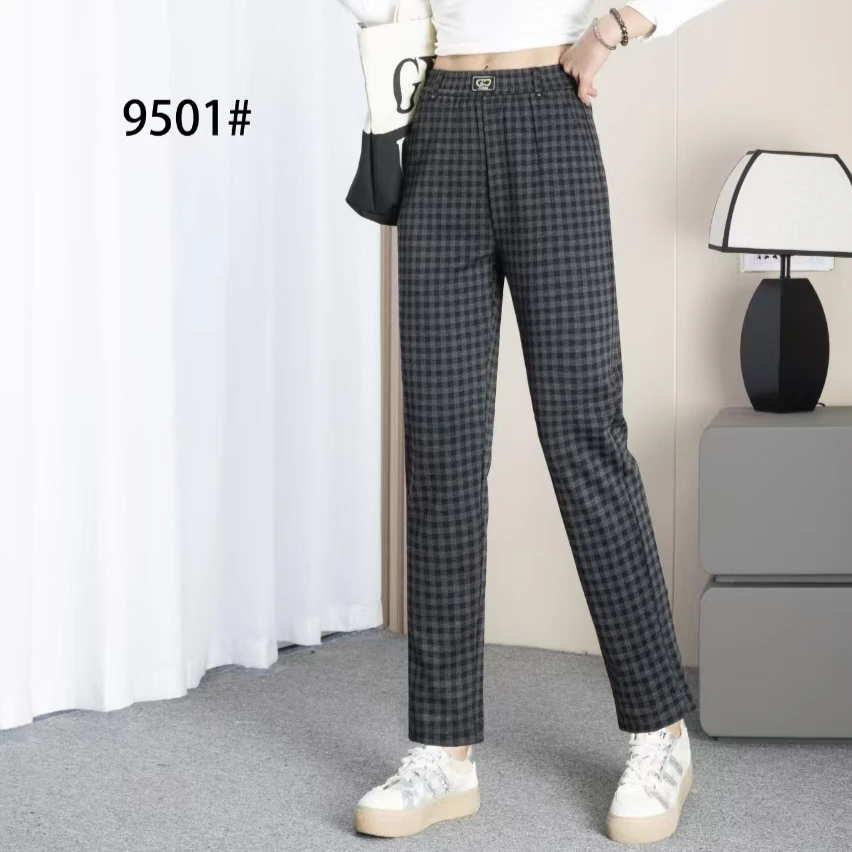 2025春季新款格子裤高腰显瘦小脚裤百搭休闲裤时尚妈妈裤松紧腰