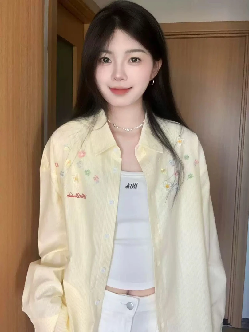 国潮牌宽松黄色条纹立体花朵刺绣衬衫外套女夏薄款防晒长袖上衣