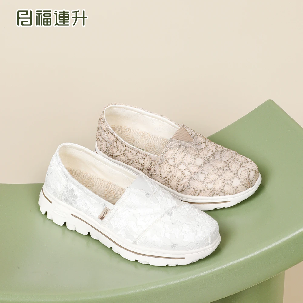 FULIANSHENG/福連升松紧带一脚蹬镂空薄款布鞋蕾丝软底包跟