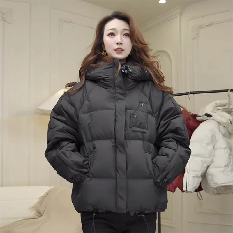 拉链袖冬季韩版加厚羽绒服女连帽宽松百搭休闲保暖外套