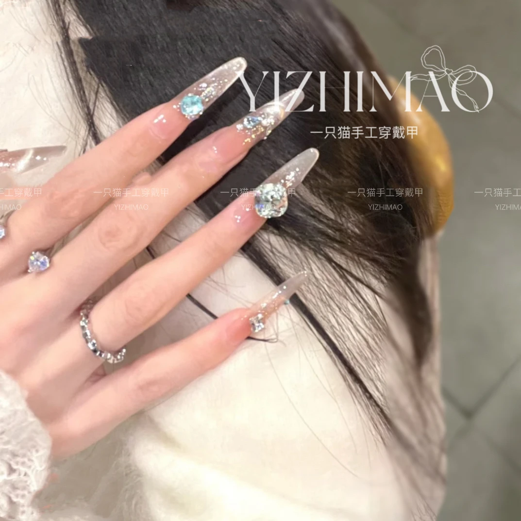 【沦陷西西里】冰透渐变微笑猫眼宽光纯手工穿戴甲可拆卸美甲