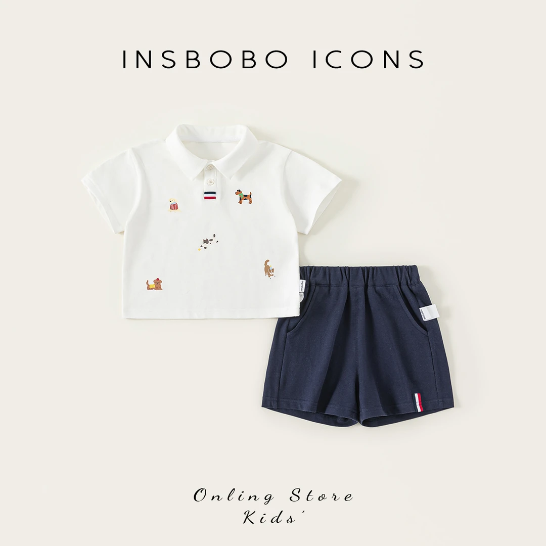 INSbobo儿童休闲套装夏纯色翻领可爱印花上衣纯色休闲短裤XT85227