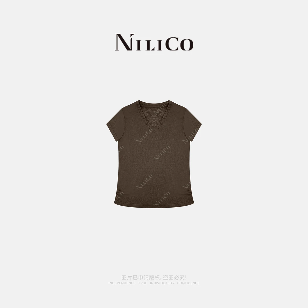 NILICO【垂云】夏季莱赛尔轻奢气质时尚褶皱V领百搭修身短袖T恤