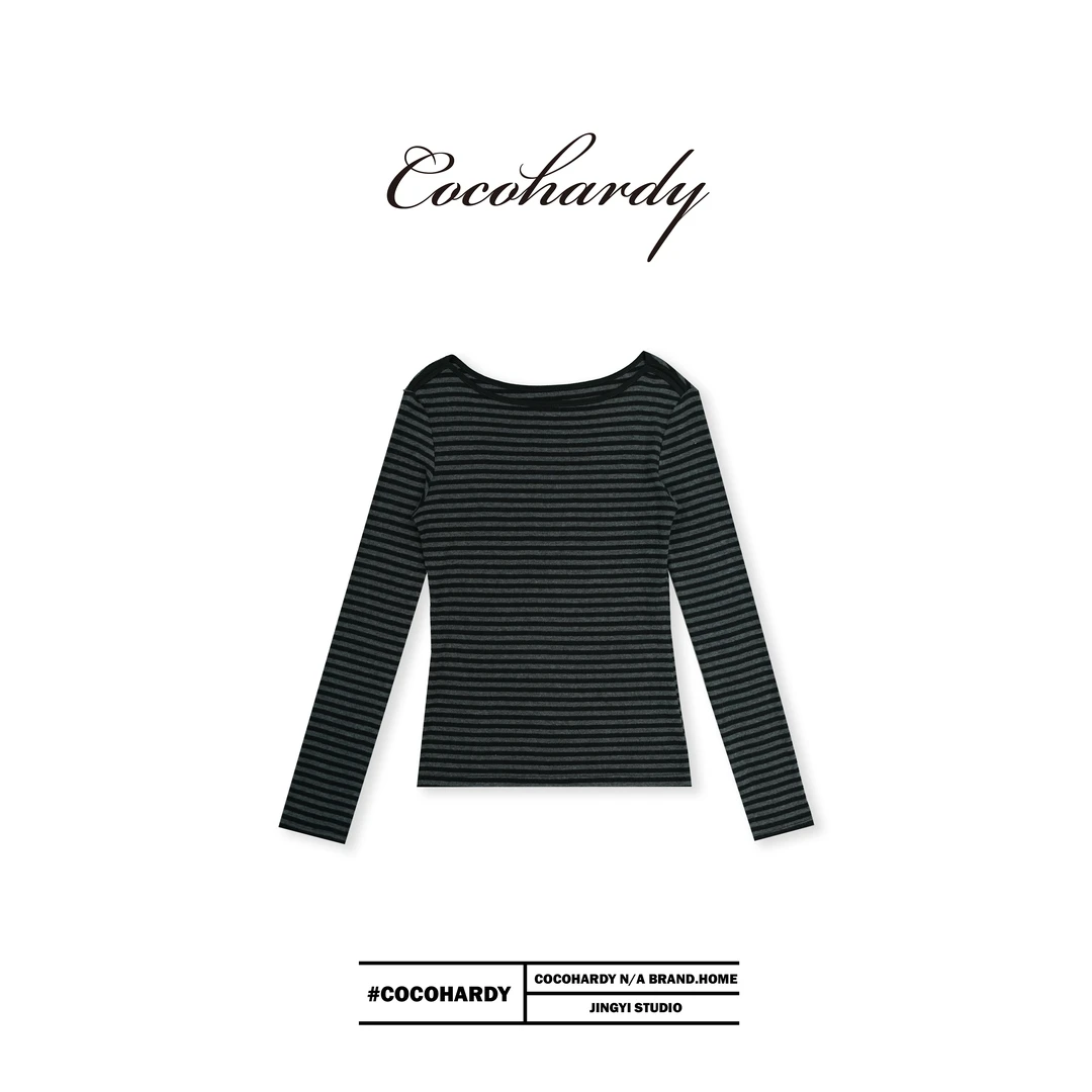 法式优雅绵羊毛混纺条纹撞色一字领长袖打底CC1205-5